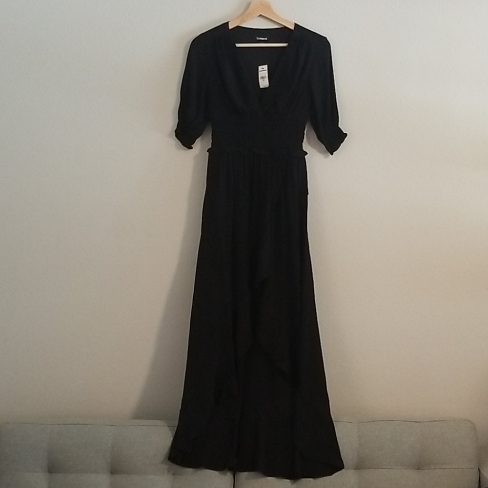 NWT Express Smocked Waist Midi Dress, Black XXS